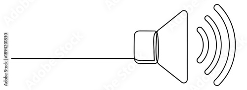 Continuous line art illustration of a speaker icon depicting sound waves for audio communication interfaces