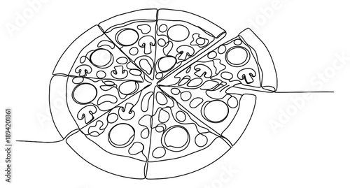 Hand drawn continuous line art illustration of a pizza depicting one slice being taken for a restaurant menu