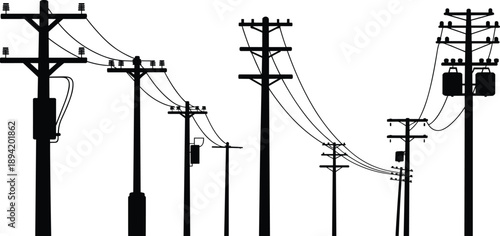 Group of electricity poles with transformers and wires in silhouette on a white background Keywords: electricity poles, utility poles, power lines, transformers, insulators, electricity