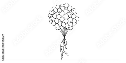 Hand drawn line art illustration of a woman being lifted by a bunch of balloons for freedom and happiness