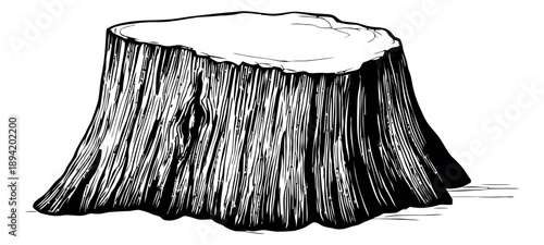 Hand drawn line art illustration of a tree stump depicting wood texture for nature concepts