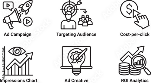 Digital Marketing and Advertising Analytics Icon Set – Campaign, Targeting, CPC, ROI and Performance Metrics