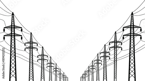 Symmetrical Rows of Silhouetted High Voltage Transmission Towers with Overhead Wires on White Background Keywords: transmission tower, power line, electricity, infrastructure