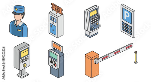 Isometric illustration of parking equipment including attendant and machines