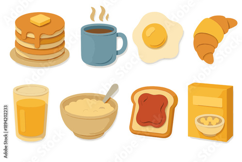 Breakfast food flat icons set. featuring pancakes, coffee, eggs, croissant, juice, cereal, toast, and cereal box