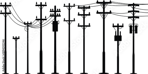 Silhouette of various utility poles with wires, transformers, and insulators against a white background