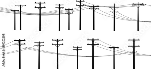 Two Rows of Silhouetted Utility Poles with Varying Wire Configurations on White Background Keywords: utility pole, power line, electricity, infrastructure, transmission, distribution