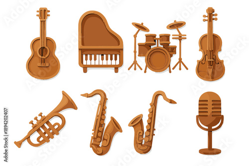 Music instruments flat icon set. featuring guitar, piano, drums, violin, trumpet, saxophone, and microphone symbols