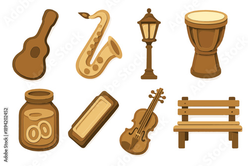 Music and leisure flat icon set. featuring guitar, saxophone, lamp post, drum, jar, harmonica, violin, bench