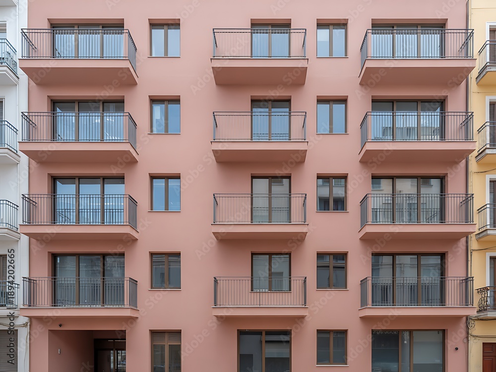 Fototapeta premium Modern pink apartment building with balconies
