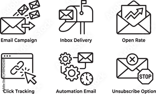 Email Marketing Automation Icons – Campaign Tracking Open Rate Click Analysis Digital Marketing Set