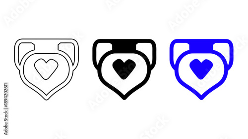 Shield medal with heart icon in outline black solid and blue styles representing charity healthcare trust and nonprofit organization success