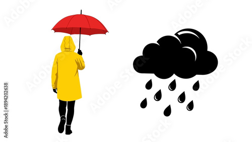 Person with umbrella standing near a dark cloud and falling rain
