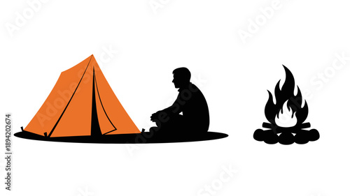 Silhouette of a camper sitting by a campfire near a tent