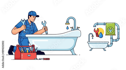 A plumber repairs bathroom fixtures with tools and a toolbox nearby