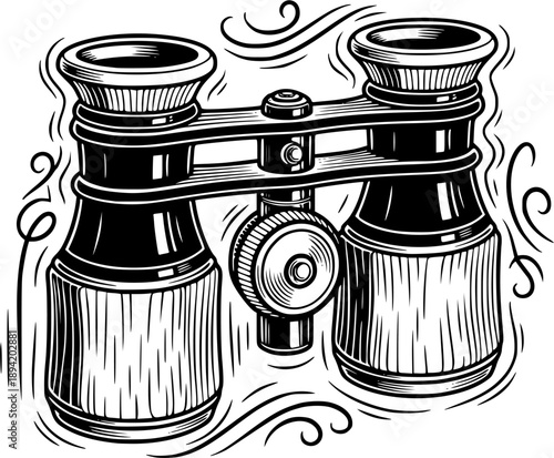 Elegant woodcut style illustration featuring vintage opera glass