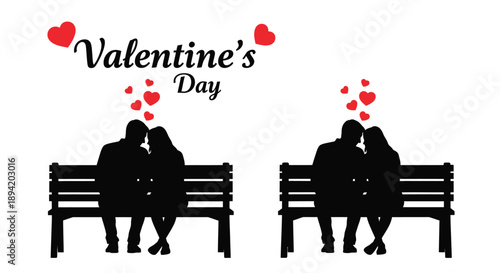 Valentine s day couple on a bench romantic illustration silhouette