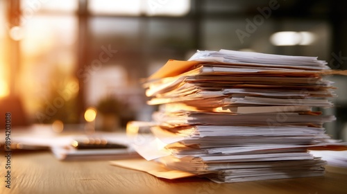 A large stack of paperwork sits on a wooden desk in a modern office space with natural light.