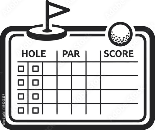 Professional black silhouette vector of a golf scorecard featuring a hole, par, and score table, topped with a flag and golf ball icon. Perfect for tournament tracking, club branding, sports graphics.