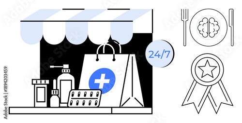 Healthcare, pharmacy services, online shopping, wellness, nutrition, awards. A pharmacy bag with medical products and a 247 sign, alongside a brain-focused meal and awards. Healthcare and pharmacy