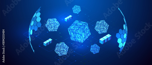 Blockchain Protection concept. AI isometric banner with network cubes on board. Cube block database. Big data protection chain technology background. Data automation science and business protect.
