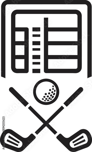 Professional black outline vector of a golf scorecard with crossed clubs and a ball. Minimalist flat design perfect for tournament tracking, club branding, and sports app graphics. 