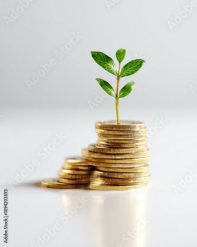 A small green plant growing on top of a stack of gold coins on a white surface