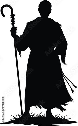 Silhouette of a shepherd with a detailed crook and fringed robe, a strong figure in black against a white background, representing guidance and tradition