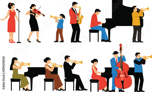 Professional musicians performing classical and jazz music on stage, orchestra and band concert with piano, violin, trumpet and saxophone, live entertainment, flat vector illustration