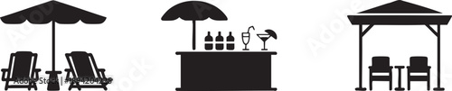 Beach resort icons with umbrellas and furniture outdoor