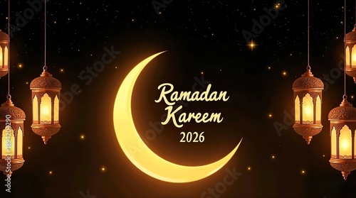 Luxury Ramadan Kareem 2026 Greeting Background with Golden Moon and Hanging Lanterns.