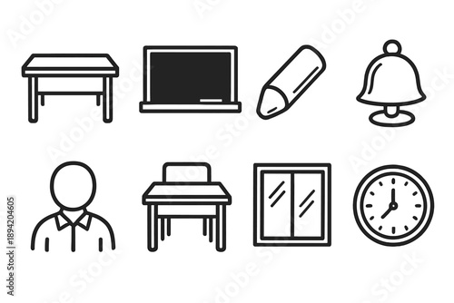 School equipment linear icon set. featuring desk, blackboard, chalk, bell, teacher, student, window, clock