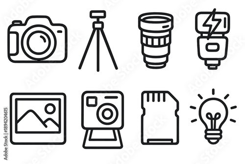 Photography equipment linear icon set. featuring camera, tripod, lens, flash, picture, sd card, and light bulb symbols