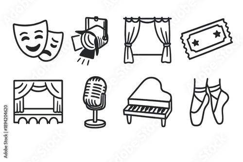 Theater and performance linear icon set. featuring masks, spotlight, curtains, ticket, stage, microphone, piano, ballet shoes