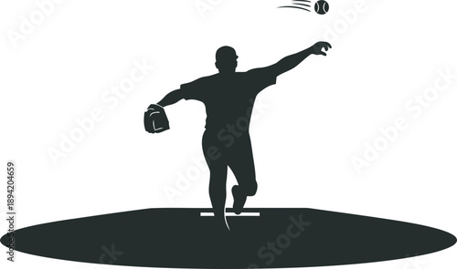 Professional black silhouette vector of a baseball pitcher in mid-throw on the mound. High-quality action design perfect for league branding, sports tournament logos, and athletic stadium graphics. 