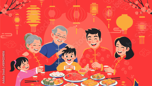 Illustration of a multi-generational Asian family enjoying a meal together at a table with various dishes and traditional lanterns in the background with a vibrant red color scheme.
