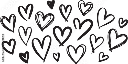 Doodle hearts drawn by hand. Grunge scrawls, chalk scribbles, rough brush strokes, underlines, and circles