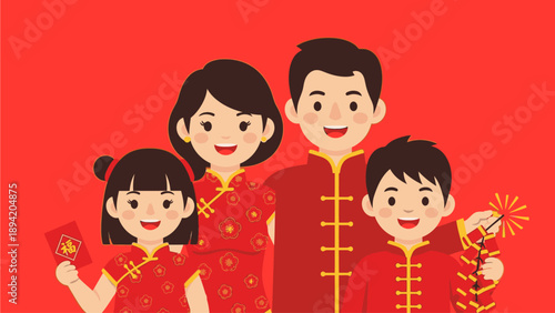Illustration of a happy Asian family of four wearing traditional clothing and holding festive decorations against a bright red background.