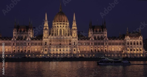 Budapest Parliament Building at Night, Tourist boat on the Danube