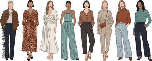 Modern women fashion collection with stylish casual and elegant outfits, trendy street style and office wear, seasonal wardrobe inspiration, flat vector illustration design