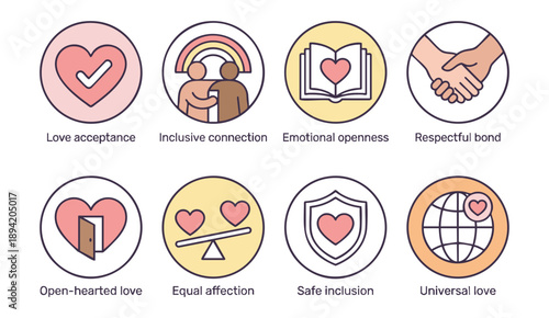Diverse love and connection icons for inclusive relationships