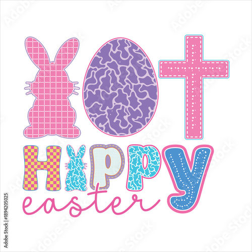 Happy Easter Typography with Bunny Egg and Cross Symbols