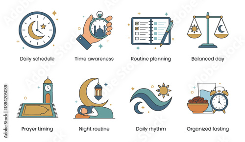 Time management icons set for productivity and wellness