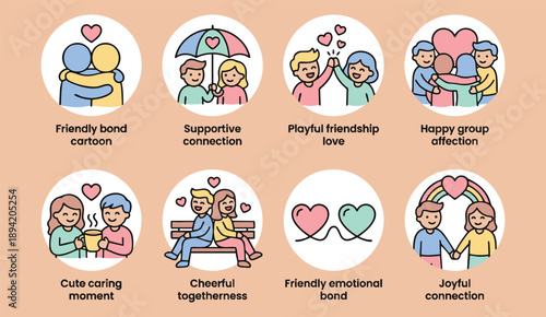 Cartoon illustrations of people showing love and friendship