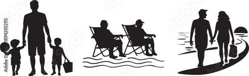 Black silhouettes of people on the beach family and friends relaxing outdoors