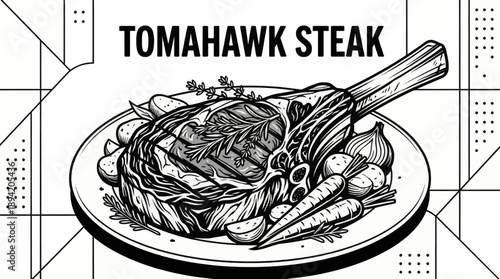 tomahawk steak featuring vegetable garnish and herb topping, designed for premium steakhouse visuals detailed black and white vector illustration