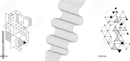 Collection of abstract geometric line including isometric structures, wavy patterns, and interconnected dots and shapes