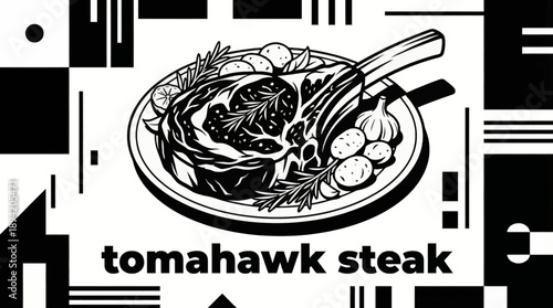 tomahawk steak featuring vegetable garnish and herb topping, designed for premium steakhouse visuals detailed black and white vector illustration