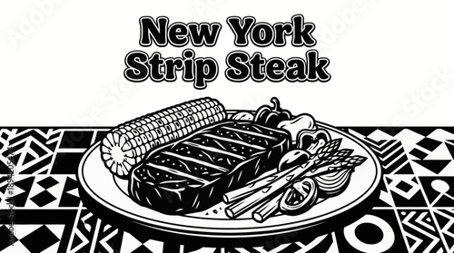 New York strip steak served with grilled corn and seasonal vegetables black and white vector illustration, perfect for menu and restaurant branding
