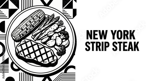 New York strip steak served with grilled corn and seasonal vegetables black and white vector illustration, perfect for menu and restaurant branding